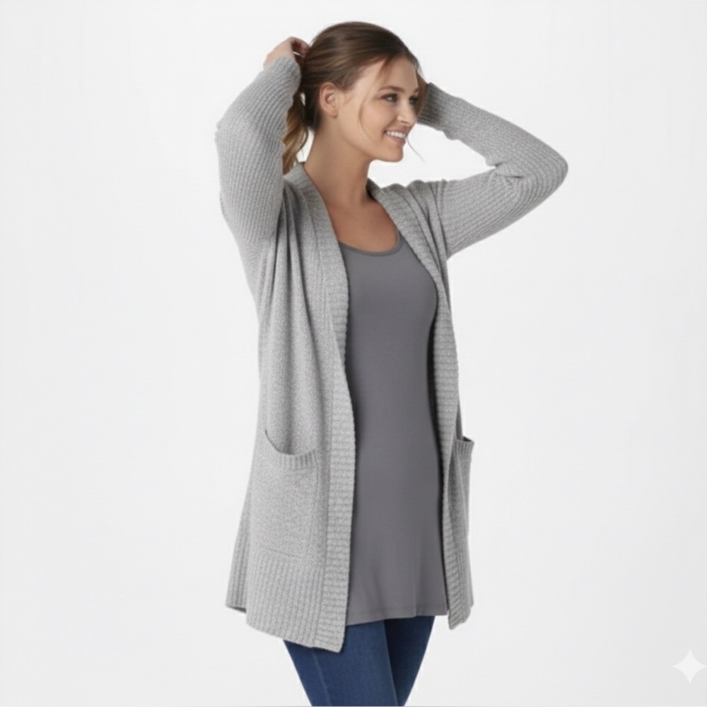 Barefoot Dreams CozyChic Lite Ribbed Long Open Cardigan Pockets Sweater Grey S
